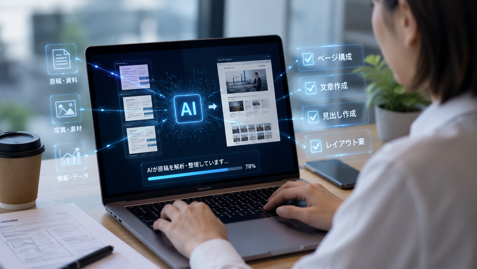 AIが原稿をもとにページ構成や文章を整えているイメージ