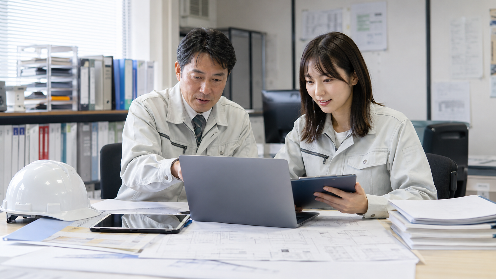 建設会社で担当者が現場報告や見積資料を整理している様子