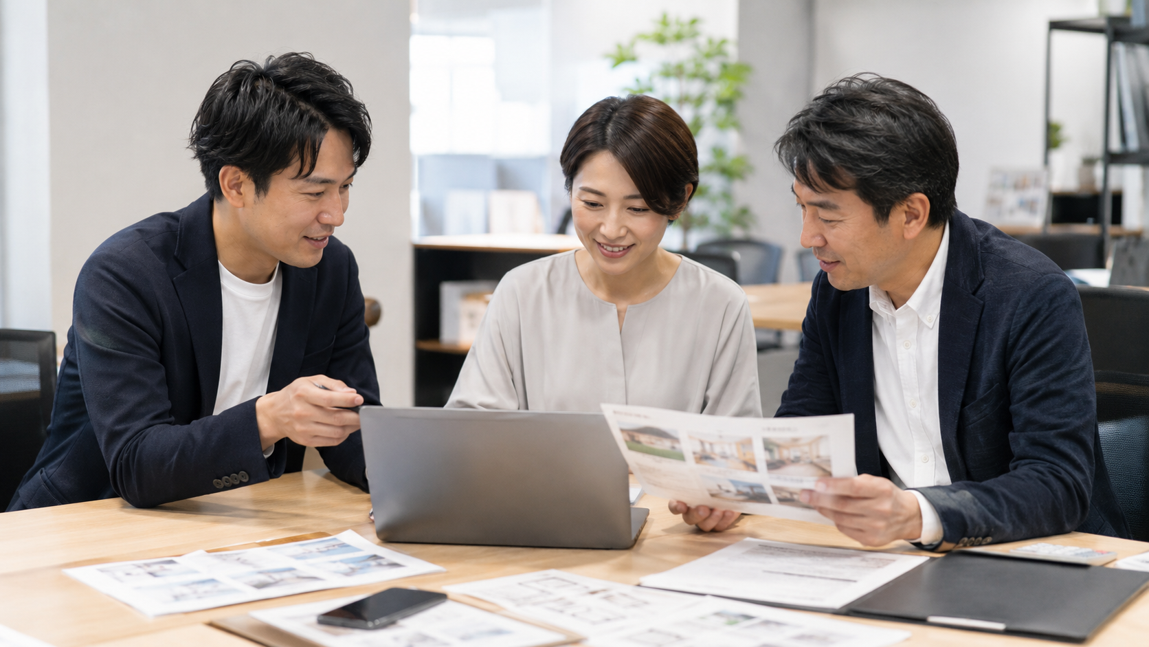 不動産会社で担当者が物件紹介文や営業資料を作成している様子