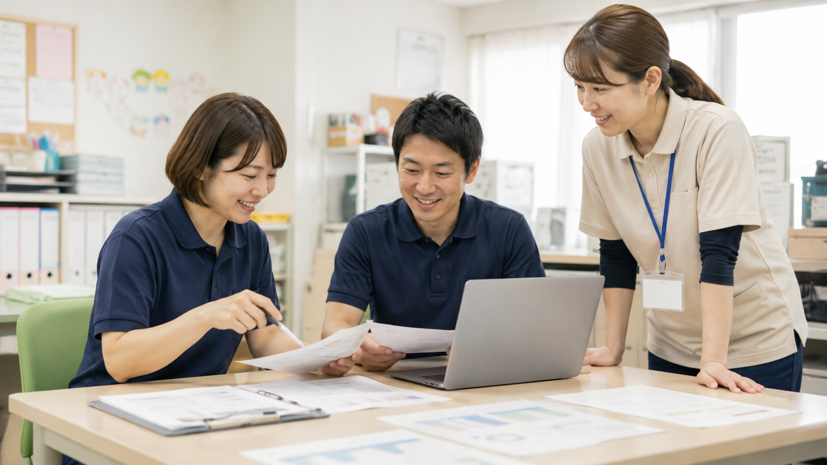 障がい福祉施設で職員が支援記録や活動報告を整理している様子