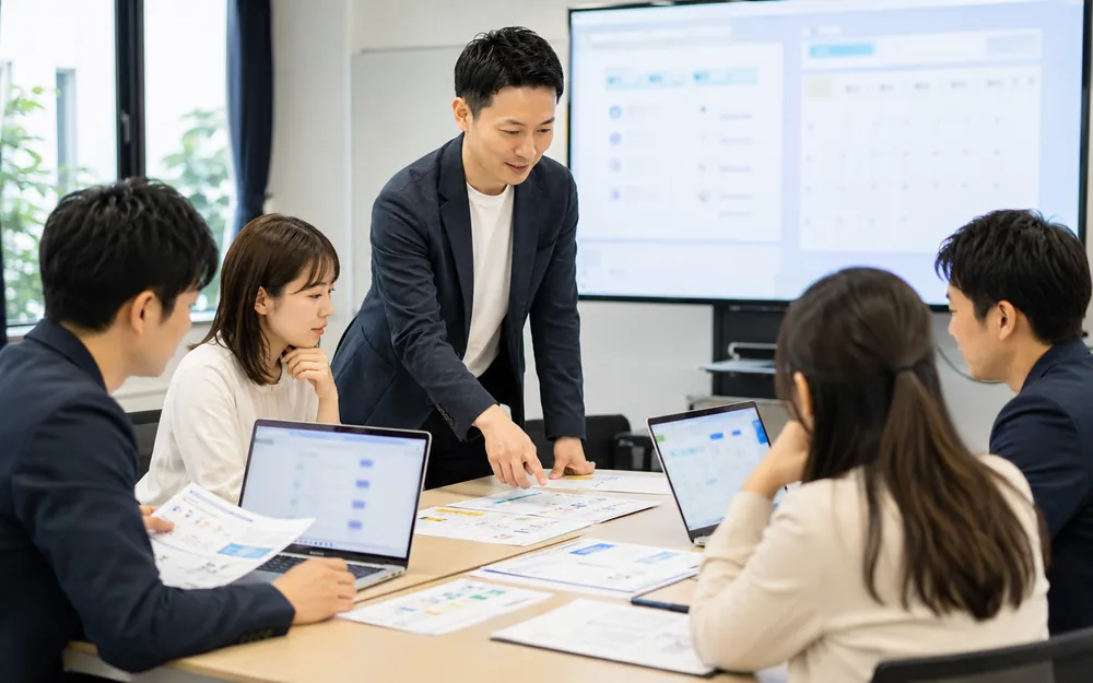 経営者と担当者がAIを活用した業務改善について相談している様子