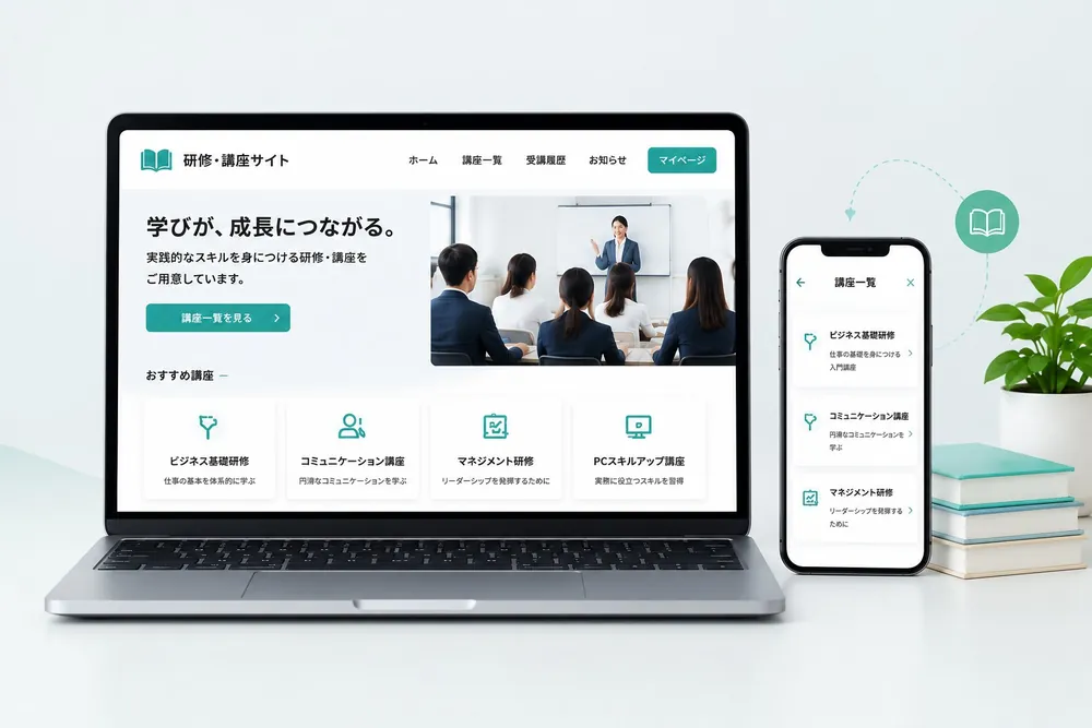 研修動画を配信する社内研修サイトを受講者が閲覧しているイメージ